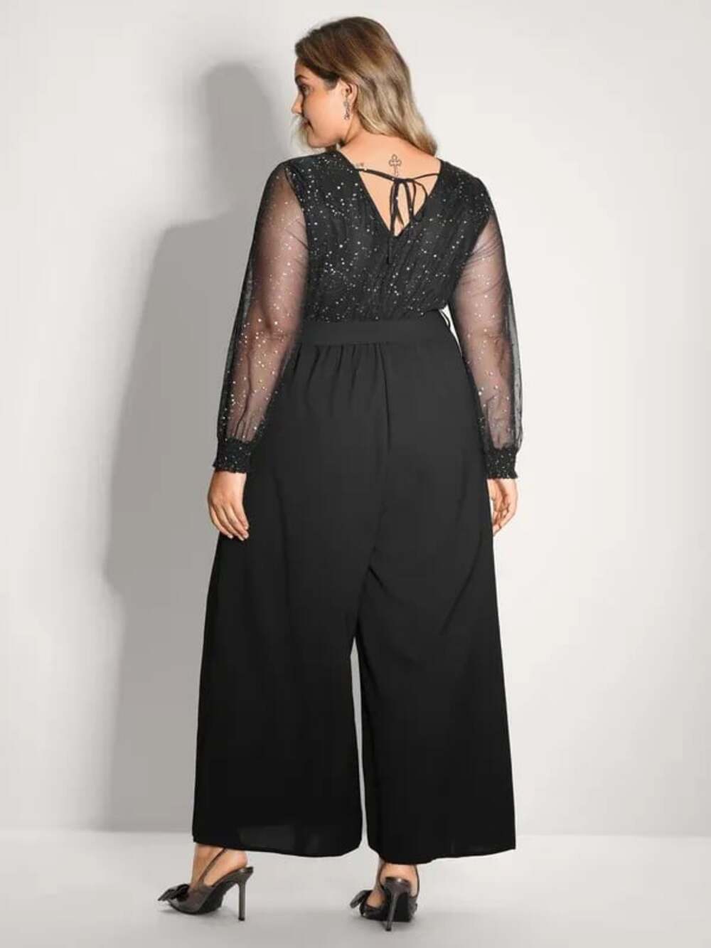 Plus Size 1X 14-16 Black Glitter Neckline Petal Flowy Hem Jumpsuit NWT - Picture 4 of 7